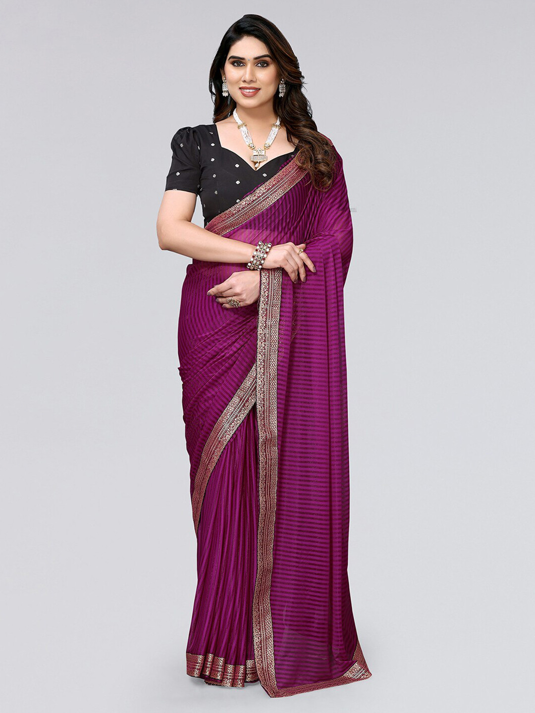 

KALINI Striped Zari Saree, Purple