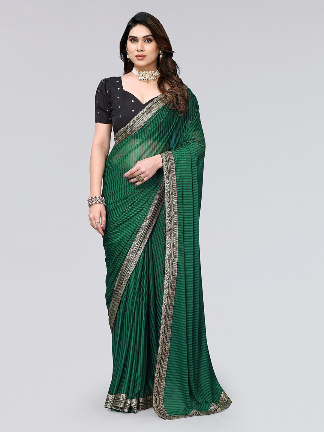 

KALINI Striped Zari Saree, Green