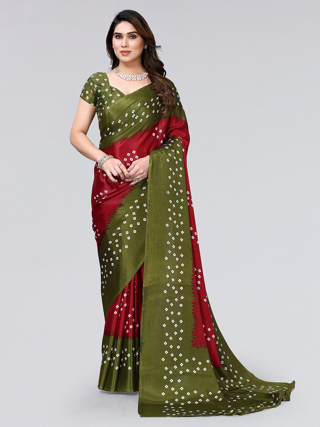

KALINI Bandhani Saree, Olive
