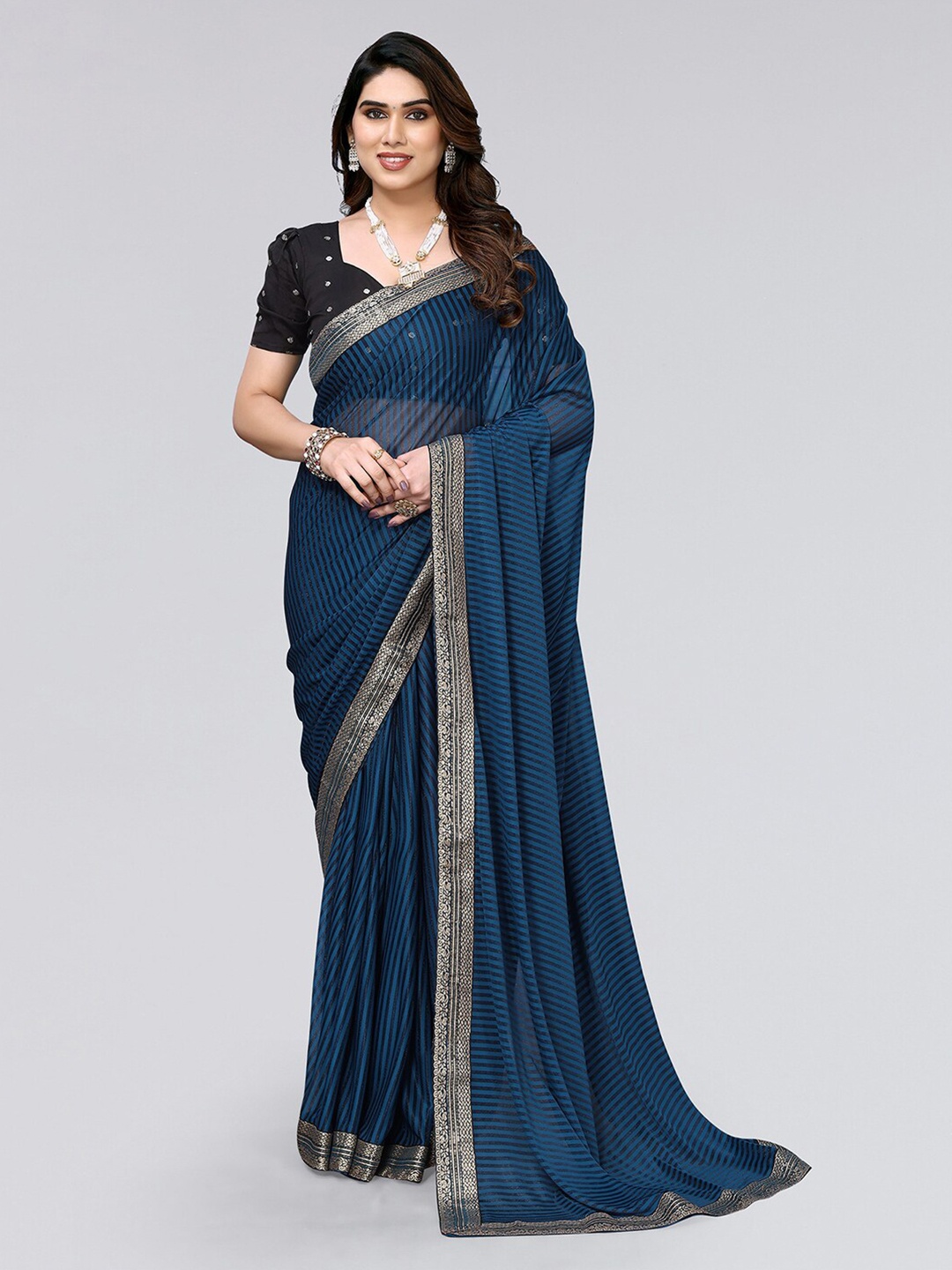 

KALINI Striped Zari Saree, Teal