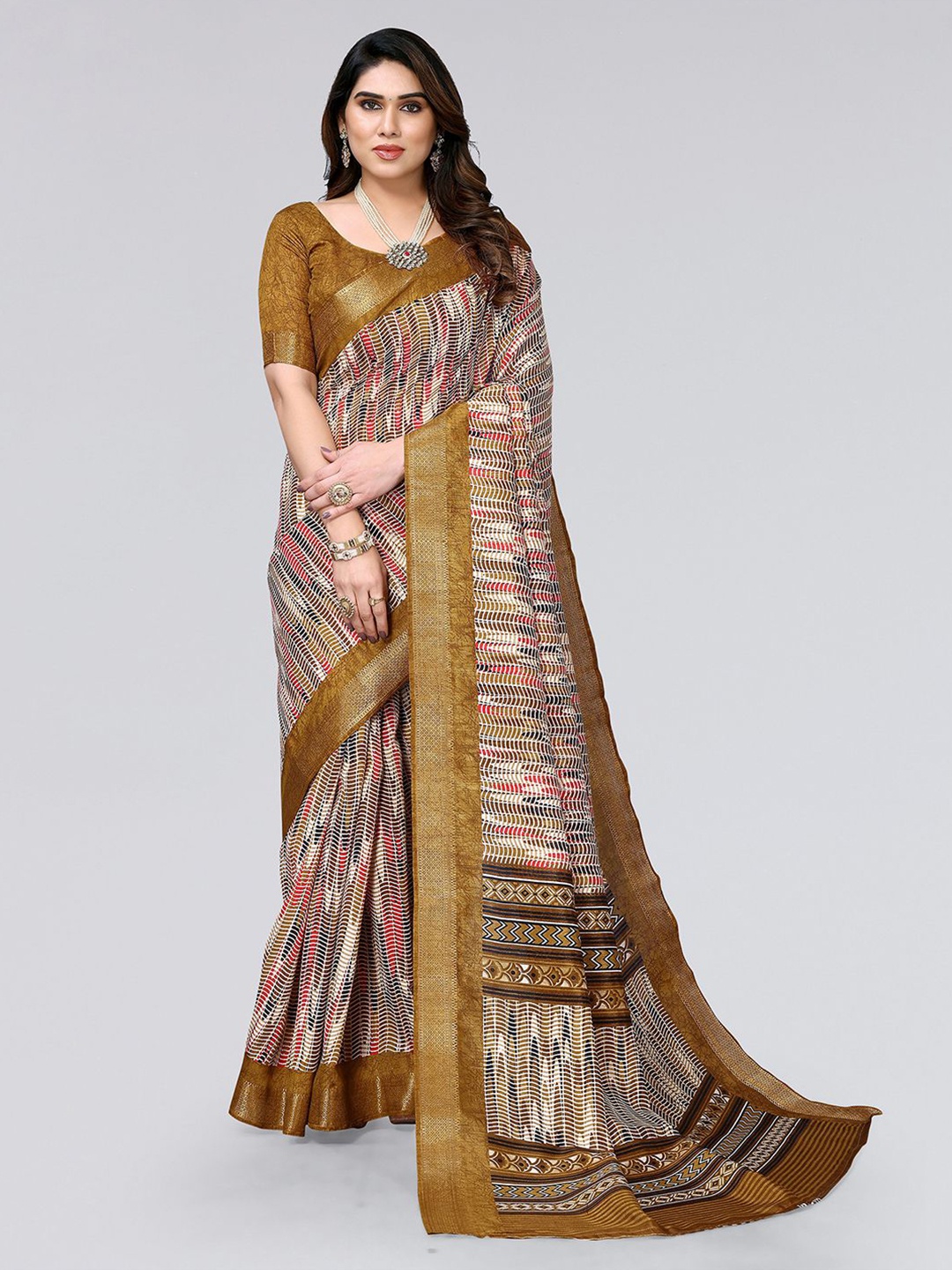 

SIRIL Geometric Print Zari Polycotton Saree, Brown