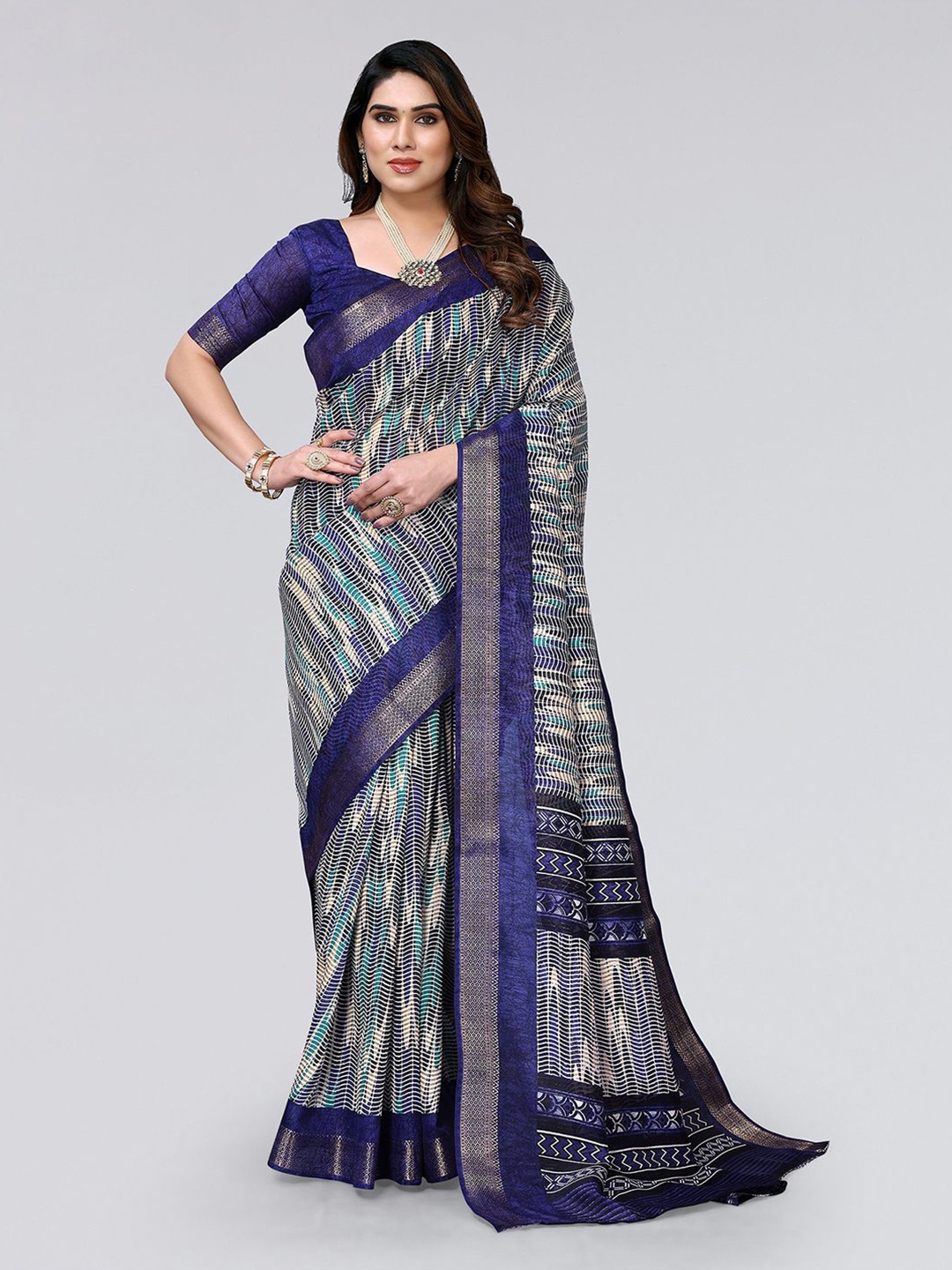 

SIRIL Geometric Print Zari Polycotton Saree, Navy blue
