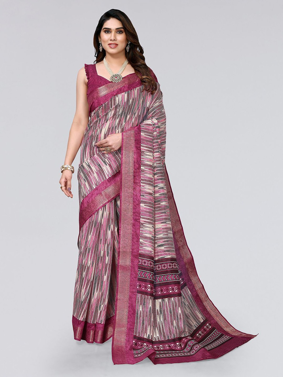 

SIRIL Geometric Print Zari Polycotton Saree, Purple