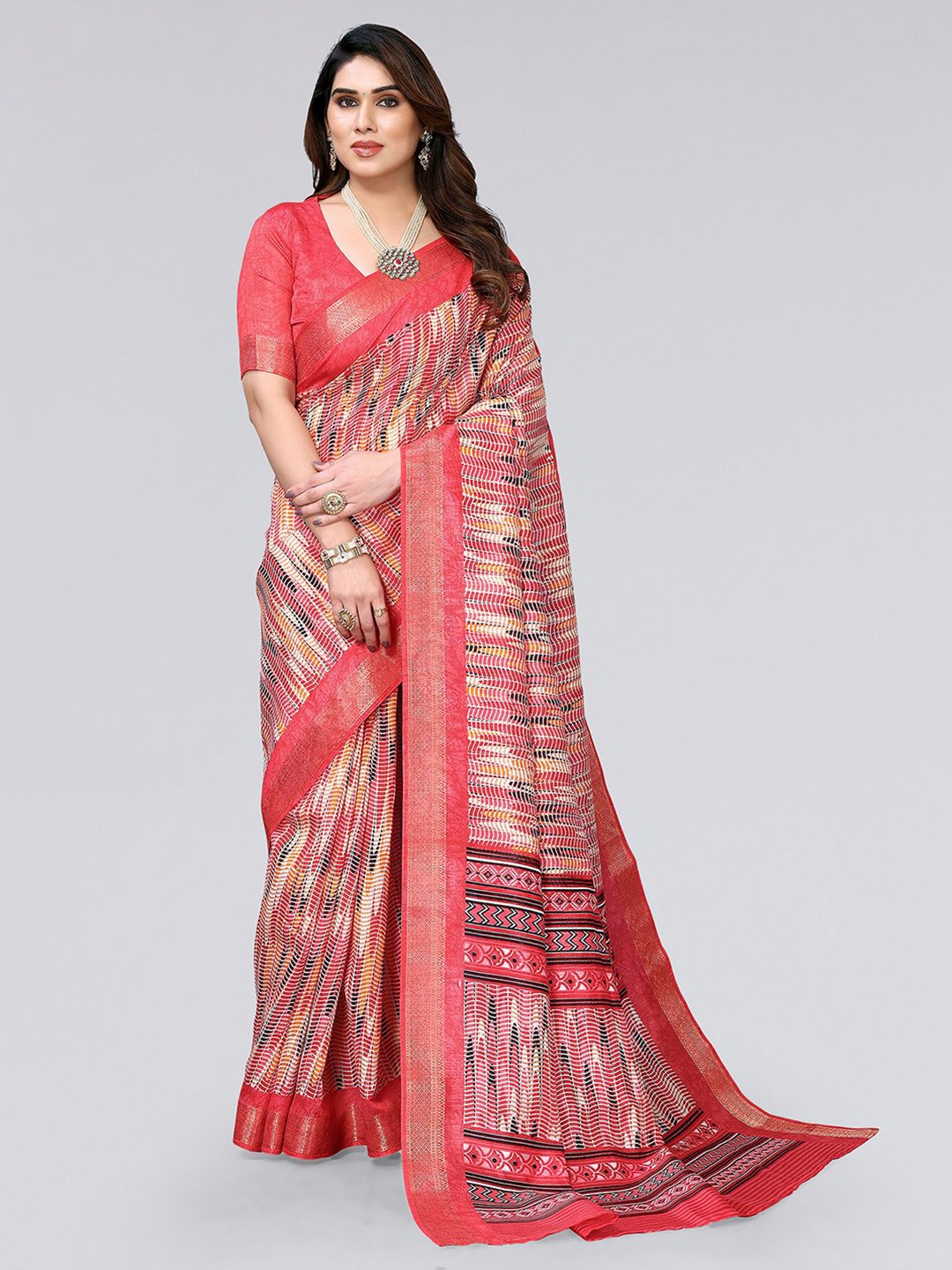 

SIRIL Geometric Print Zari Polycotton Saree, Pink