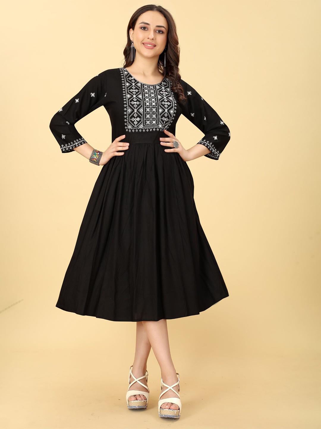 

KALINI Ethnic Motifs Embroidered Fit & Flare Ethnic Dress, Black