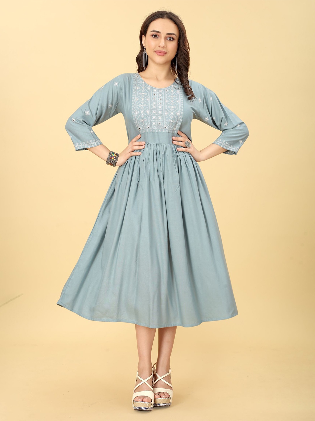 

KALINI Ethnic Motifs Embroidered Fit & Flare Ethnic Dress, Blue