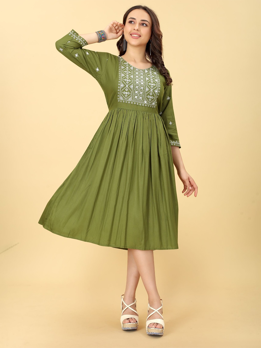 

KALINI Ethnic Motifs Embroidered Embellished Ethnic Dress, Olive