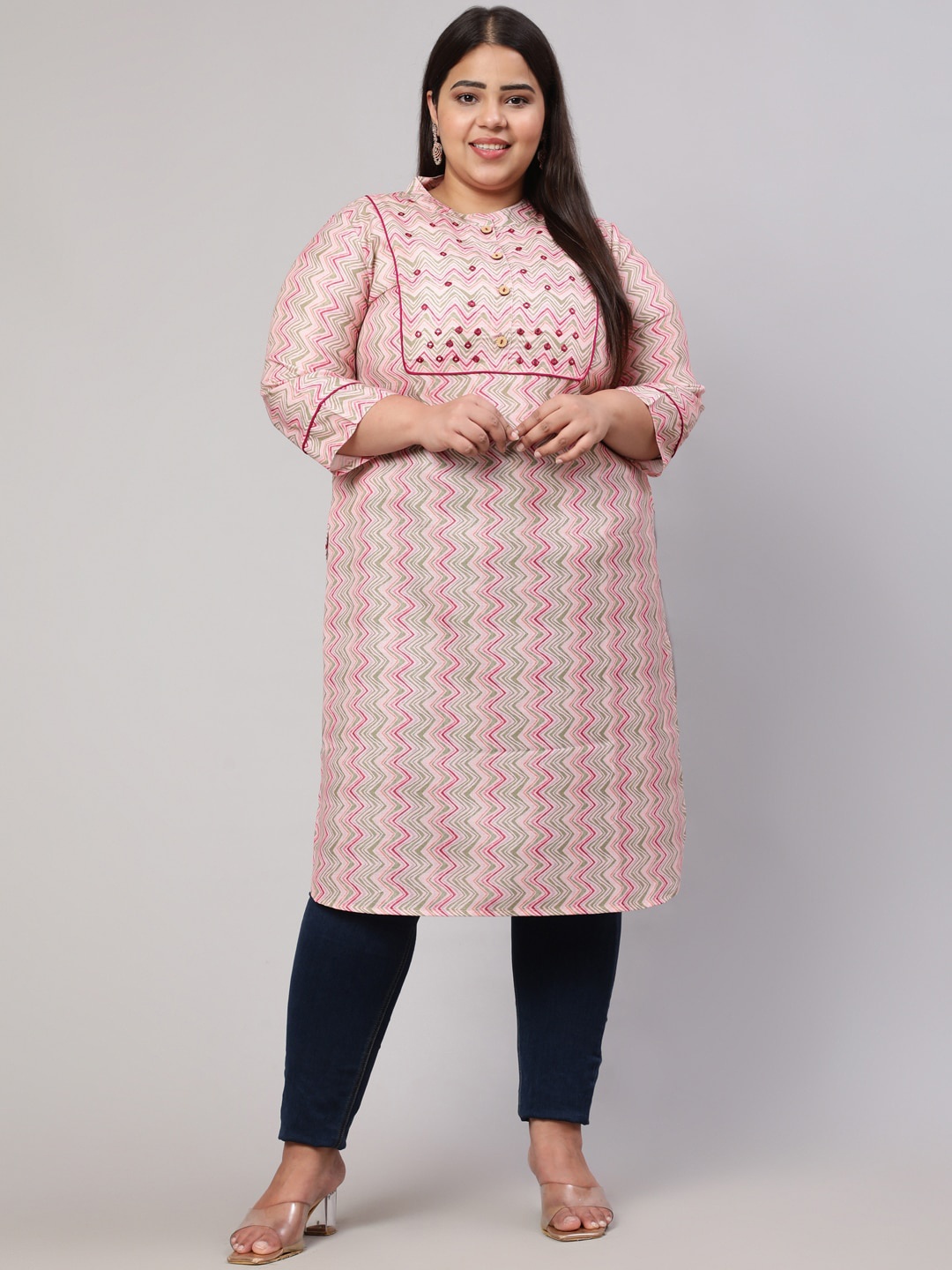 

Jaipur Kurti Pink Plus Size Ethnic Motifs Printed Thread Work Kurta