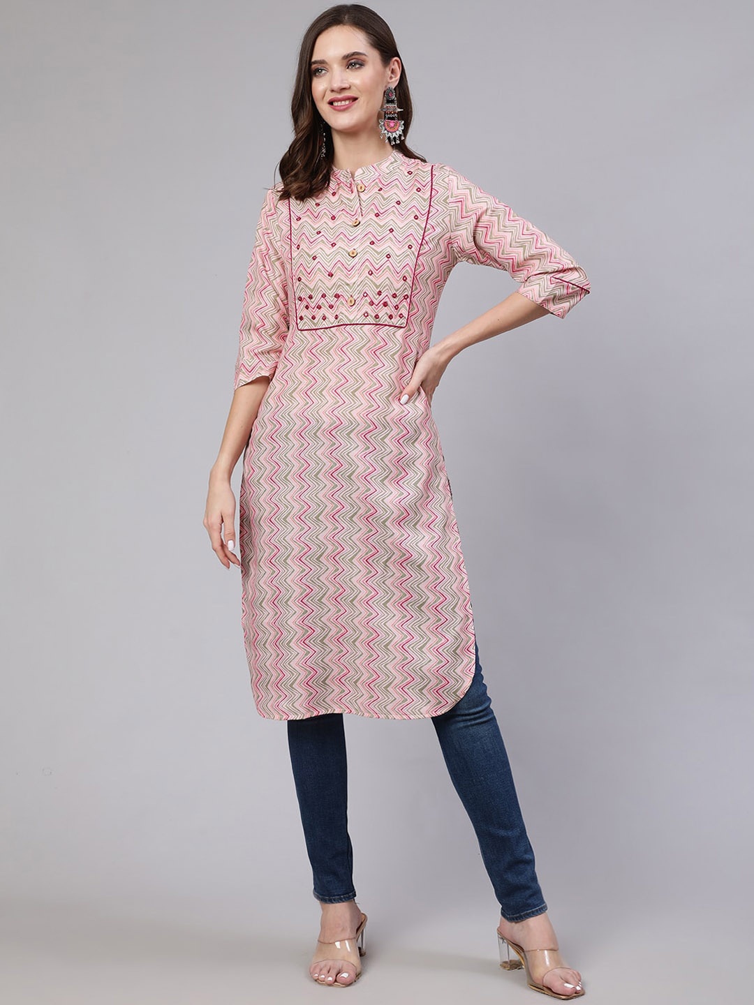 

Jaipur Kurti Pink Ethnic Motifs Printed Mandarin Collar Kurta
