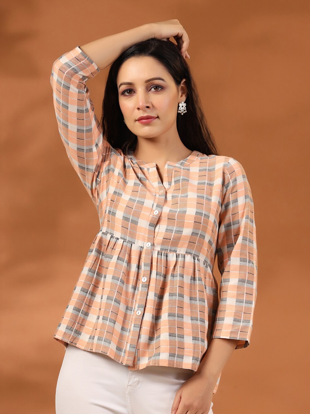 

Jaipur Kurti Checks Cotton Gathered Shirt, Peach