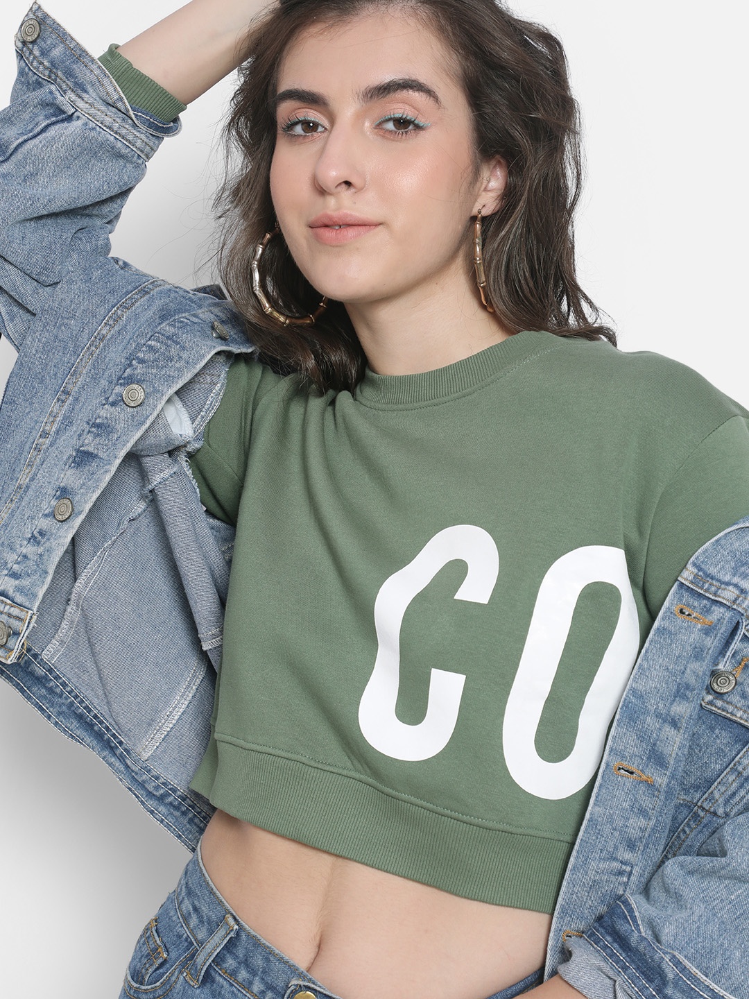Crimsoune Club Typography Printed Long Sleeves Crop Cotton Sweatshirt, Green