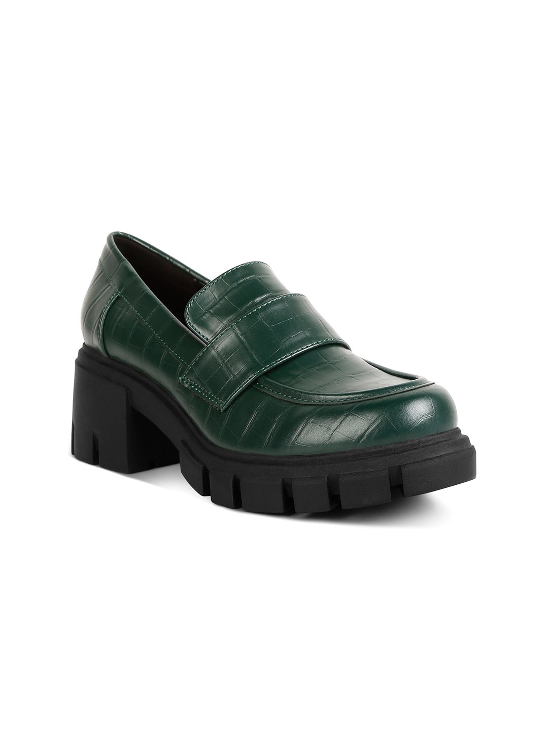 

London Rag Women Textured Heeled Penny Loafers, Green