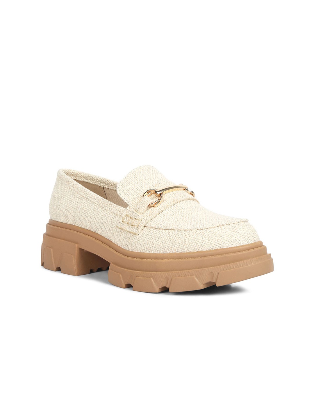 

London Rag Women Textured Heeled Horsebit Loafers, Beige