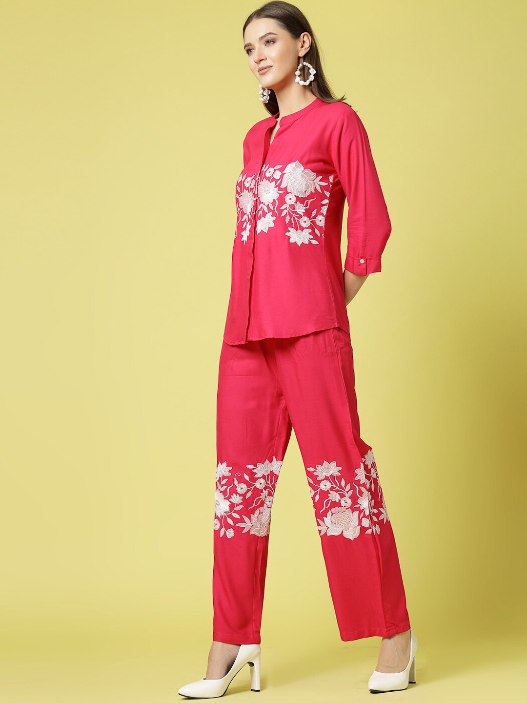 

Molly & Michel Mandarin Collar Pure Cotton Shirt With Trousers, Red