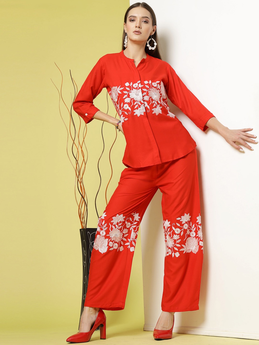 

Molly & Michel Embroidered Mandarin Collar Pure Cotton Shirt With Trousers, Red
