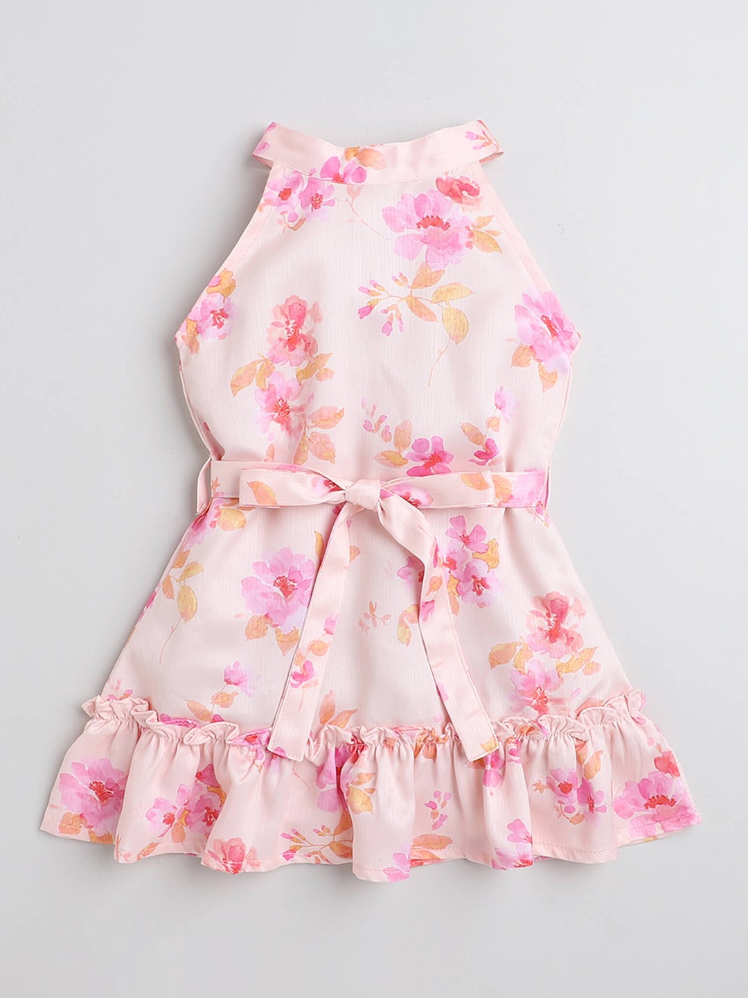 

taffykids Girls Floral Printed Halter Neck Satin A-Line Dress, Peach