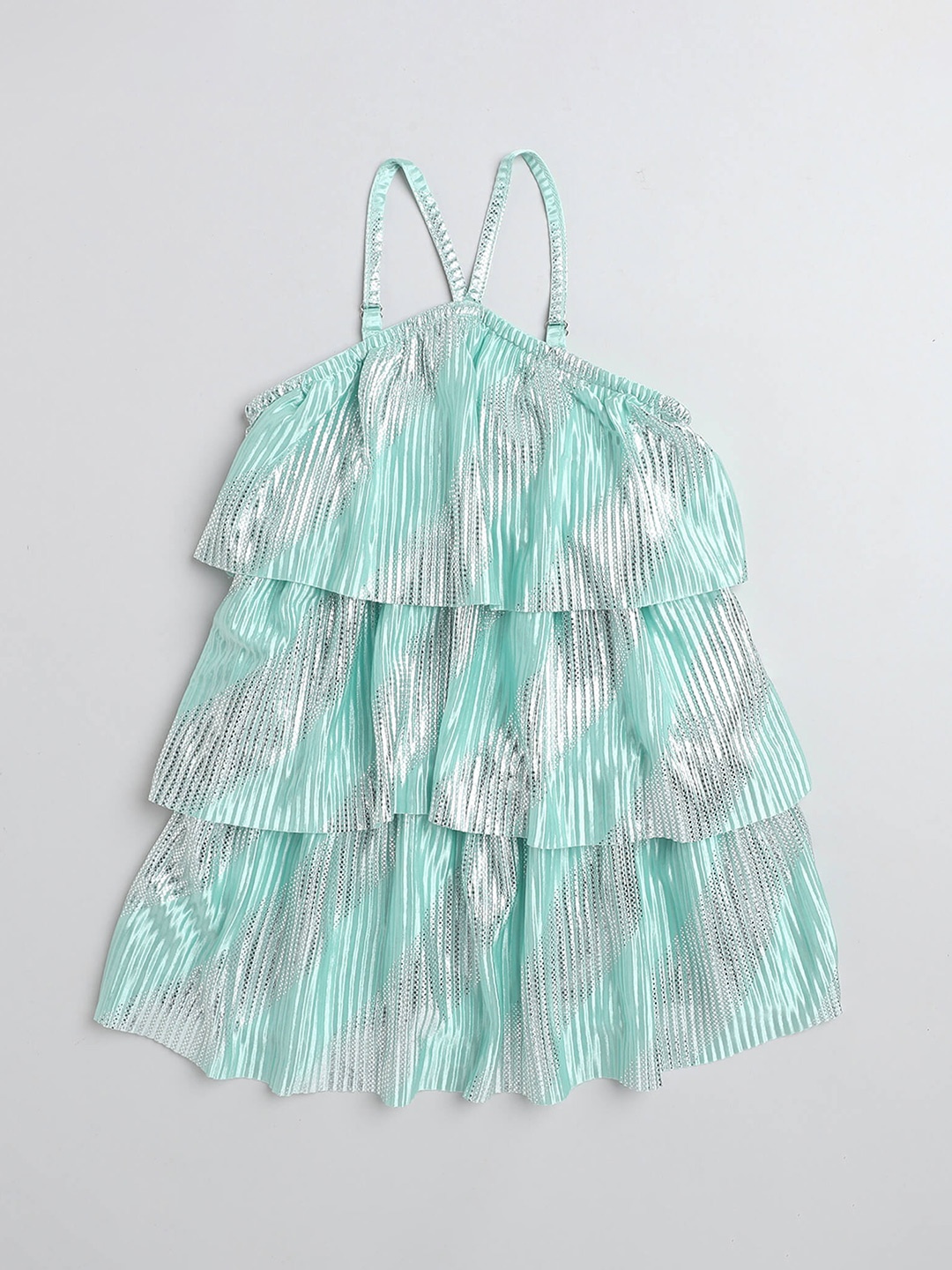 

taffykids Girls Striped Halter Neck Layered Detail A-Line Dress, Green