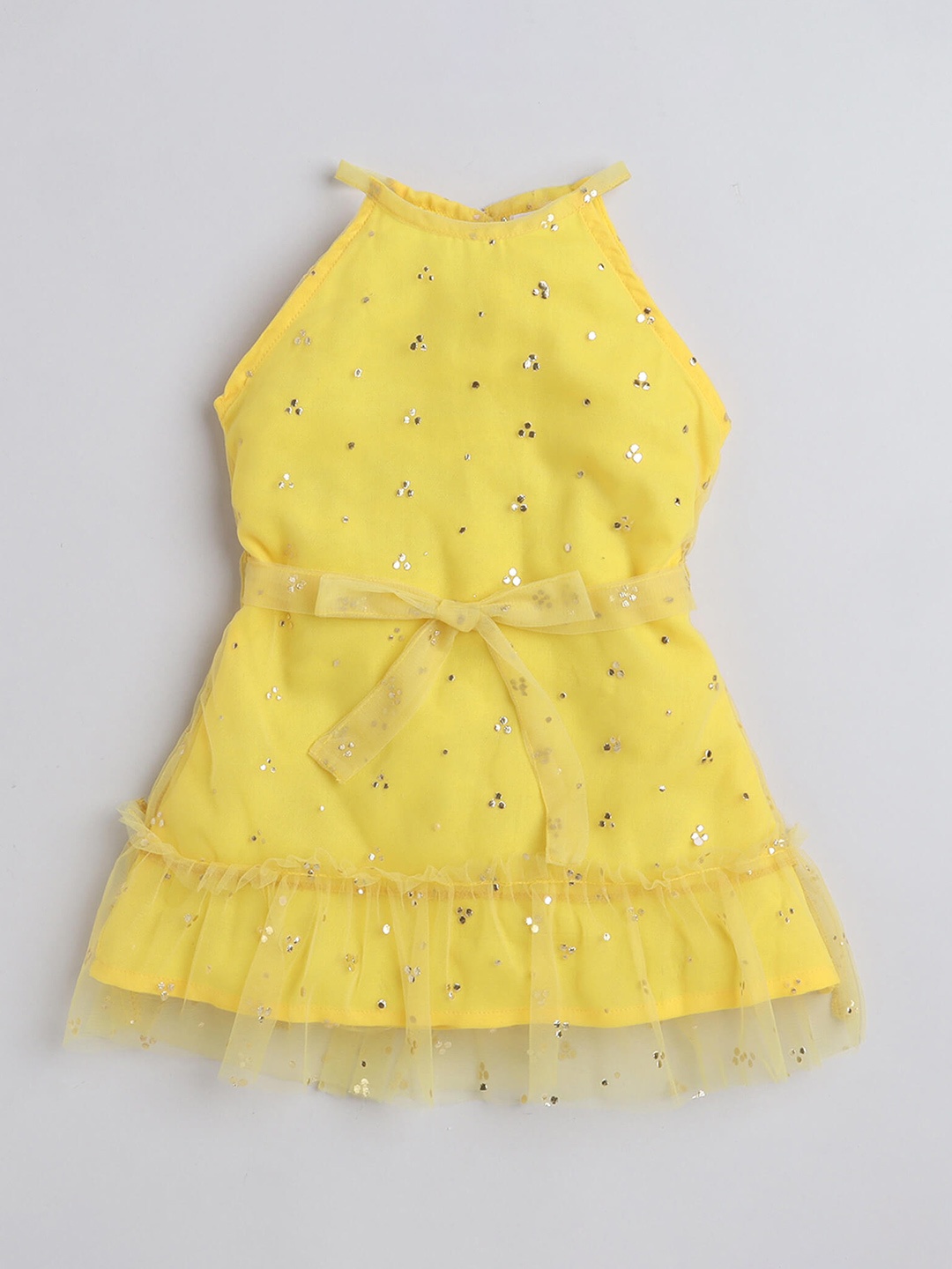 

taffykids Girls Embellished Printed Halter Neck A-Line Dress, Yellow