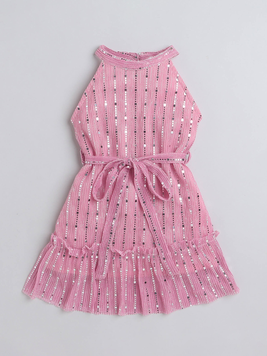 

taffykids Girls Embellished Halter Neck Tie Ups A-Line Dress, Pink