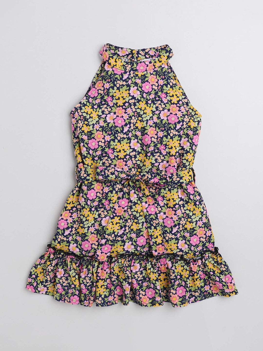 

taffykids Girls Floral Print Halter Neck A-Line Dress, Black
