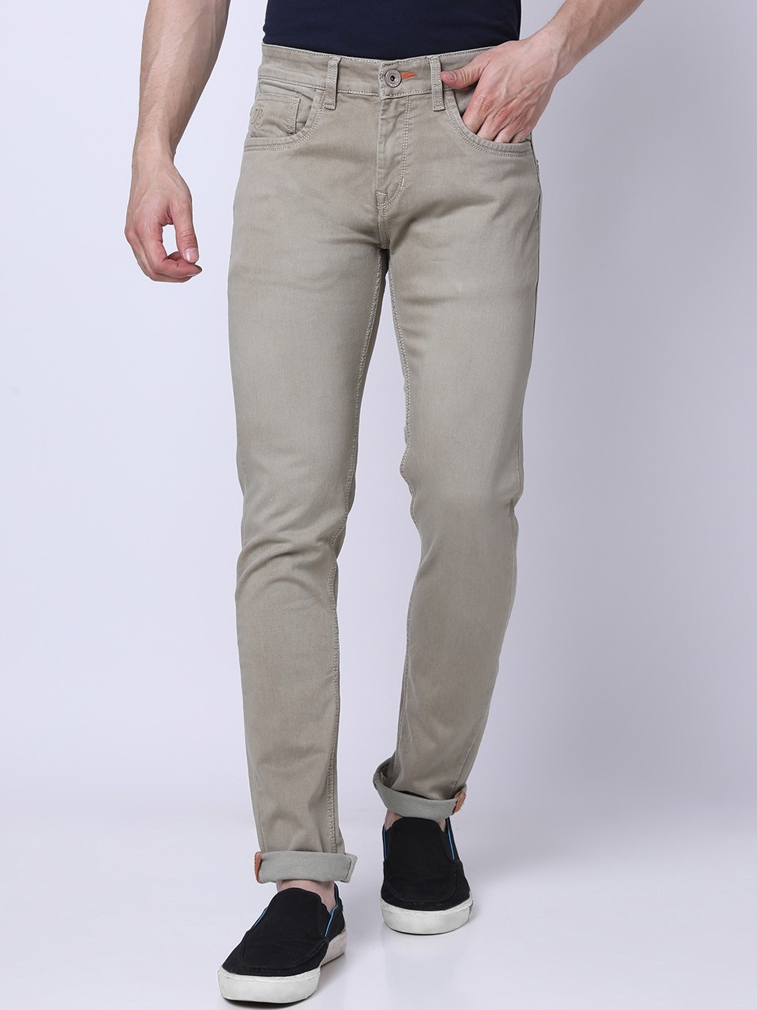 

MOZZO Men Mid-Rise Clean Look Lean Slim Fit Stretchable Jeans, Khaki