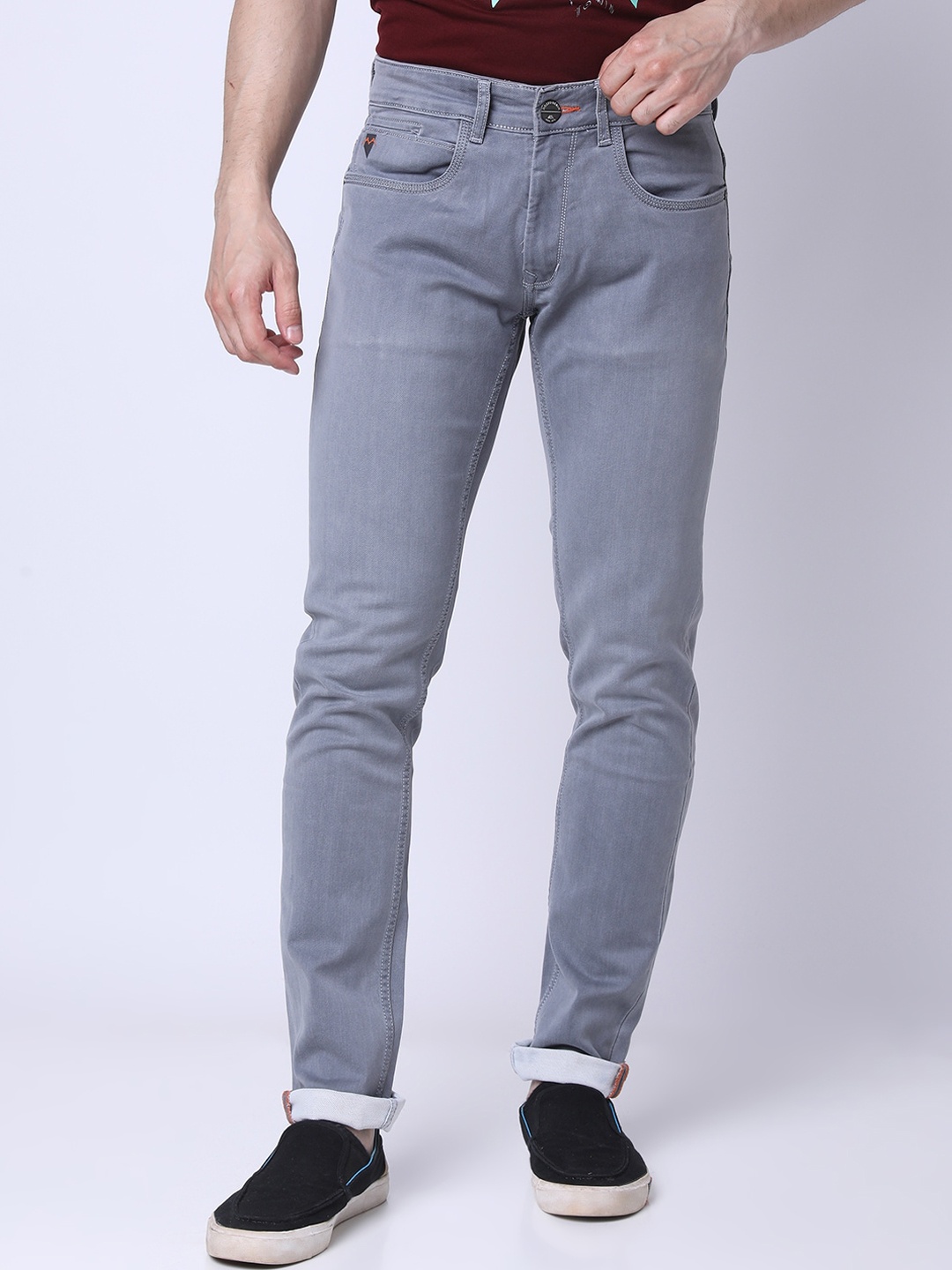 

MOZZO Men Mid-Rise Clean Look Lean Slim Fit Stretchable Jeans, Grey
