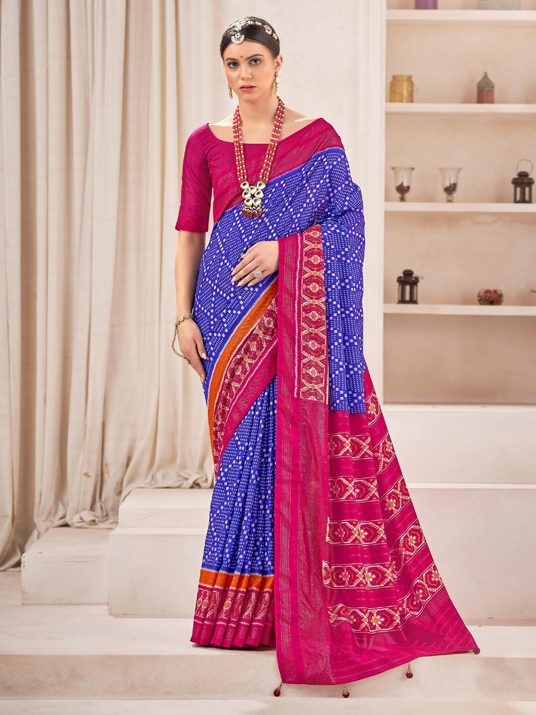 

Mitera Blue Geometric Printed Zari Saree