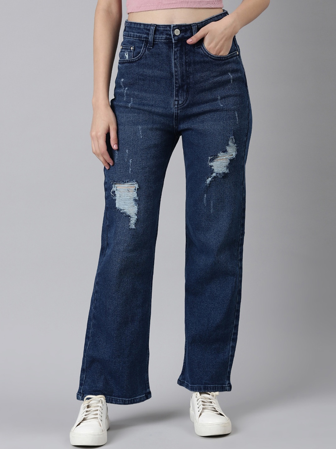 

SHOWOFF Women High-Rise Mildly Distressed Light Fade Acid Wash Stretchable Cotton Jeans, Blue