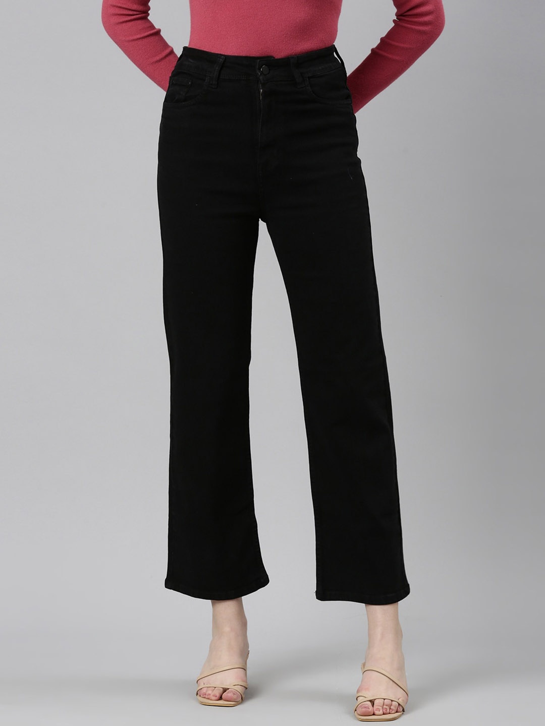 

SHOWOFF Women Jean Straight Fit High-Rise Clean Look Acid Wash Non-Stretchable Jeans, Black