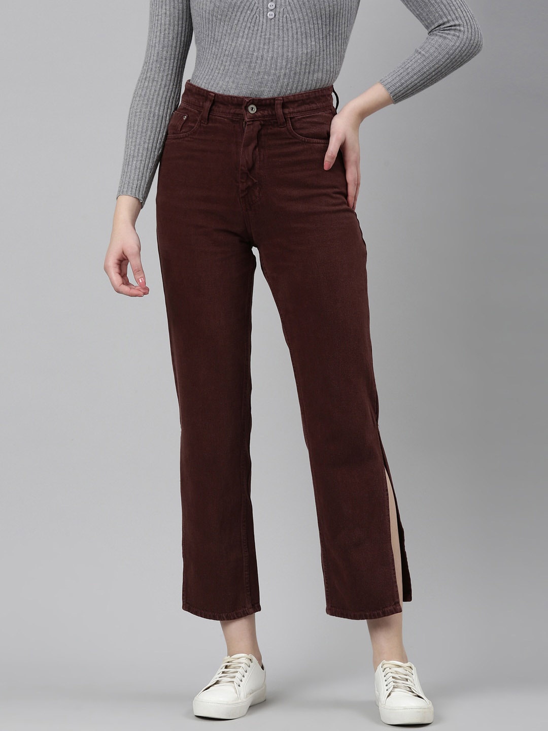 

SHOWOFF Women Jean Acid Wash High-Rise Cotton Slit Jeans, Burgundy