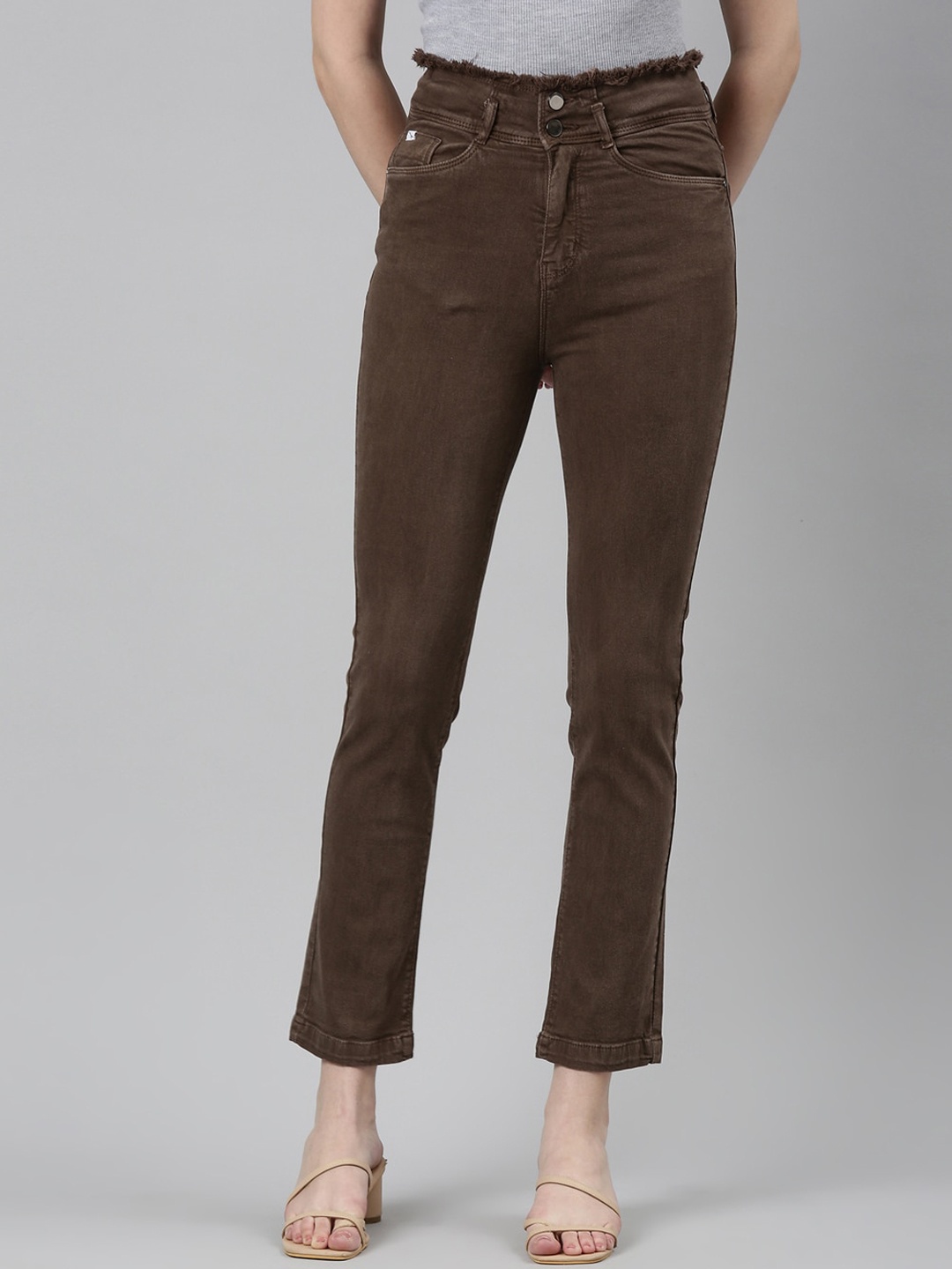 

SHOWOFF Women Jean Straight Fit Acid Wash High-Rise Stretchable Jeans, Brown