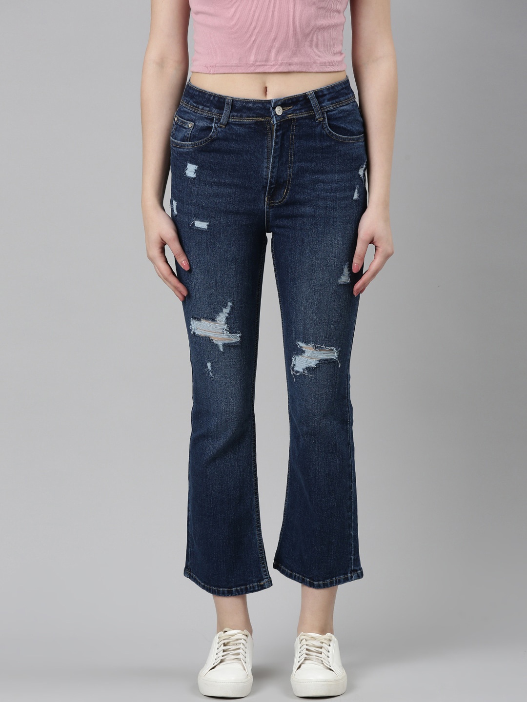 

SHOWOFF Mid Rise Jean Flared Mildly Distressed Light Fade Acid Wash Stretchable Jeans, Blue