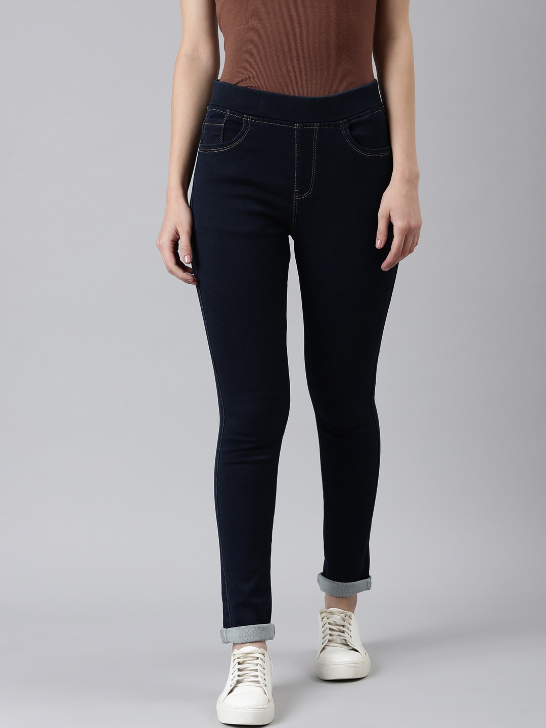 

SHOWOFF Jean Cuffed Hem Skinny Fit Mid-Rise Clean Look Cotton Stretchable Jean, Navy blue