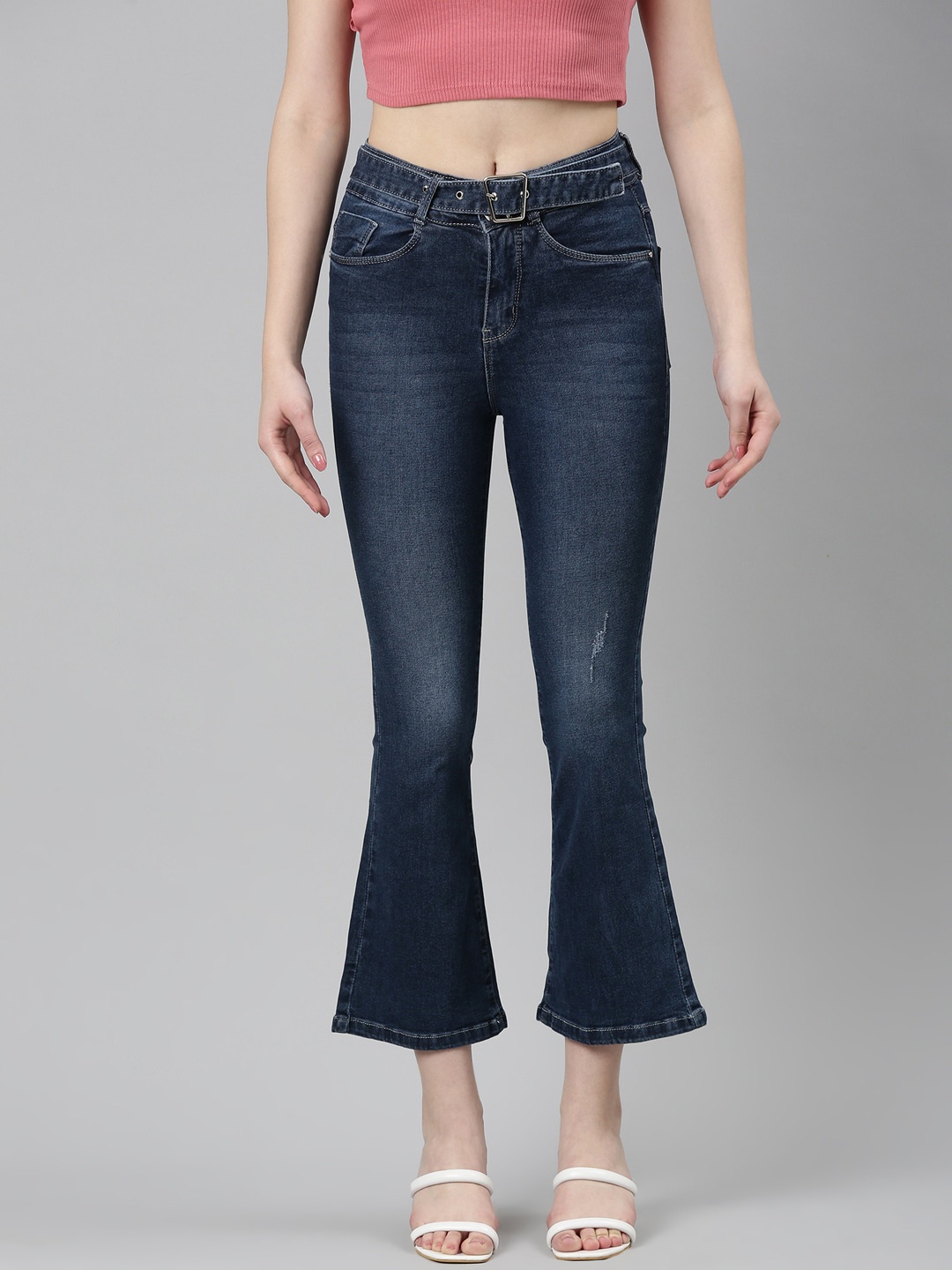 

SHOWOFF Women Jean Bootcut Low Distress Light Fade Acid Wash Stretchable Cotton Jeans, Navy blue