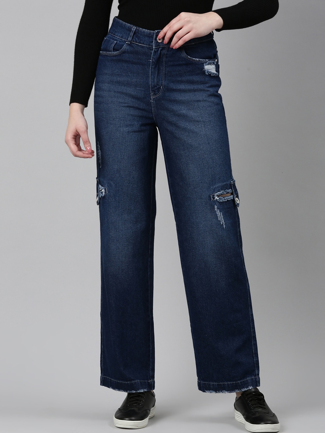 

SHOWOFF Women Jean Straight Fit Mid Rise Low Distress Cotton Jeans, Navy blue
