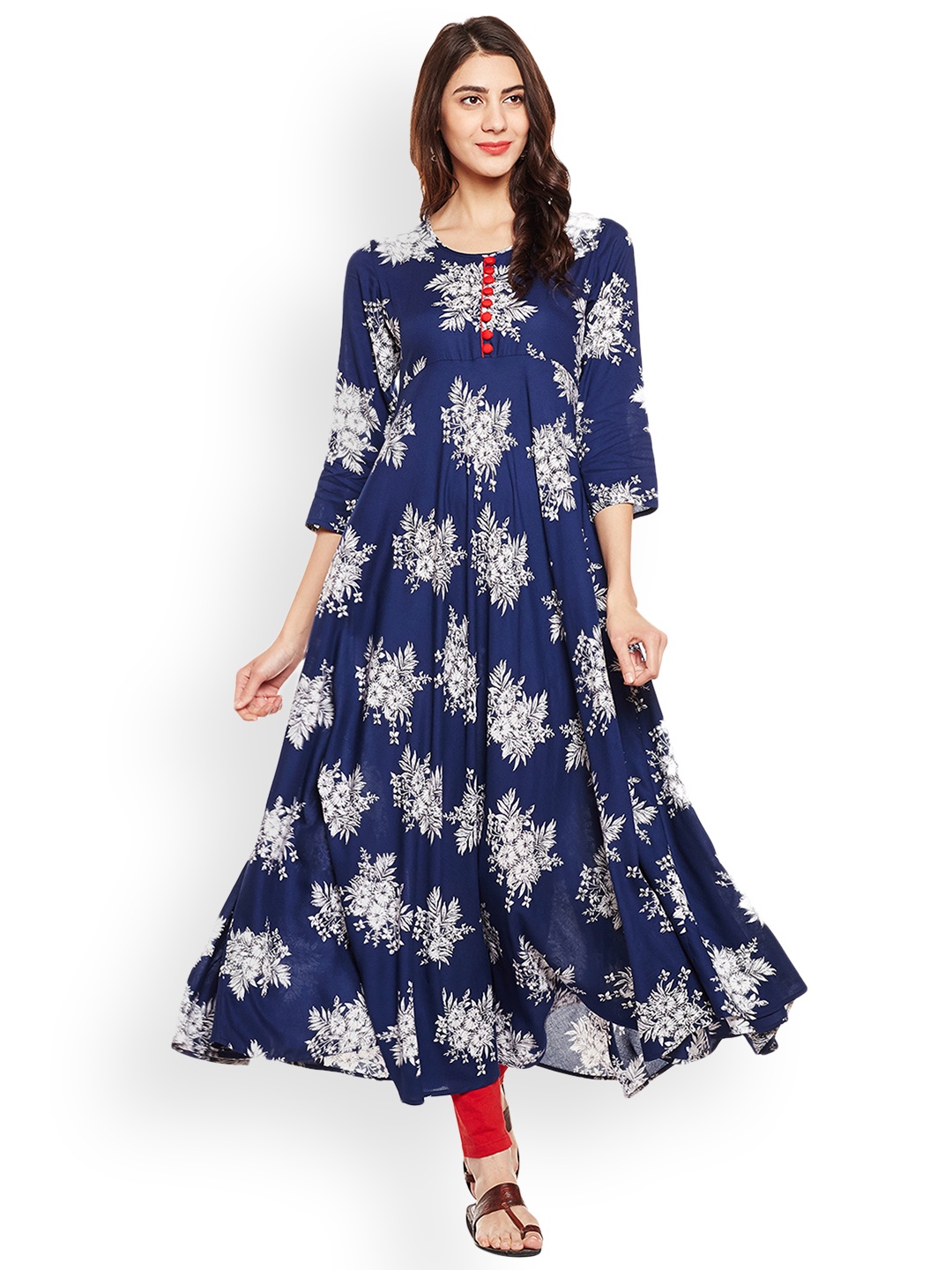 

Tissu Women Navy Blue & White Printed A-Line Kurta
