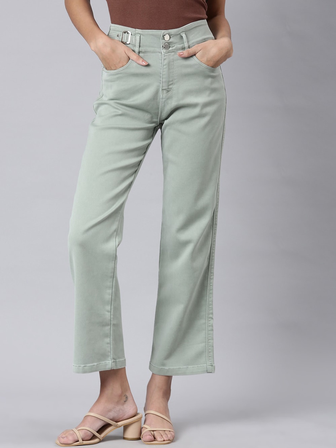 

SHOWOFF Straight Fit Acid Wash High-Raise Stretchable Jeans, Green