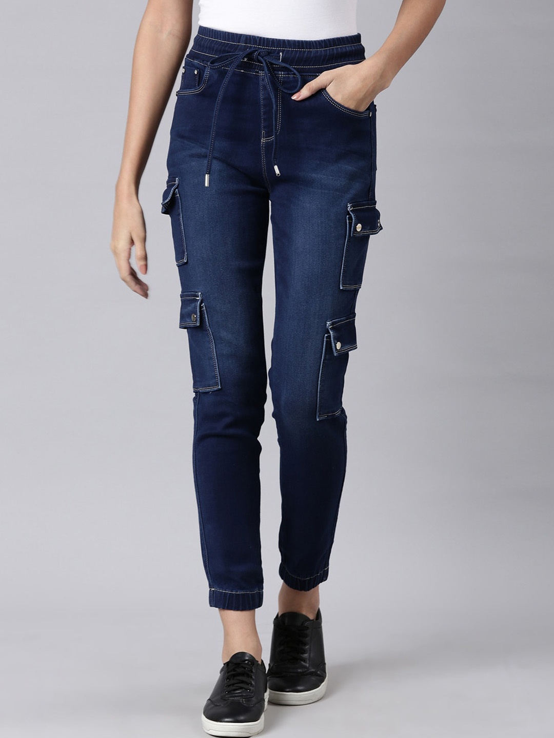 

SHOWOFF Women Jean Jogger Mid-Rise Light Fade Acid Wash Stretchable Cropped Jeans, Navy blue