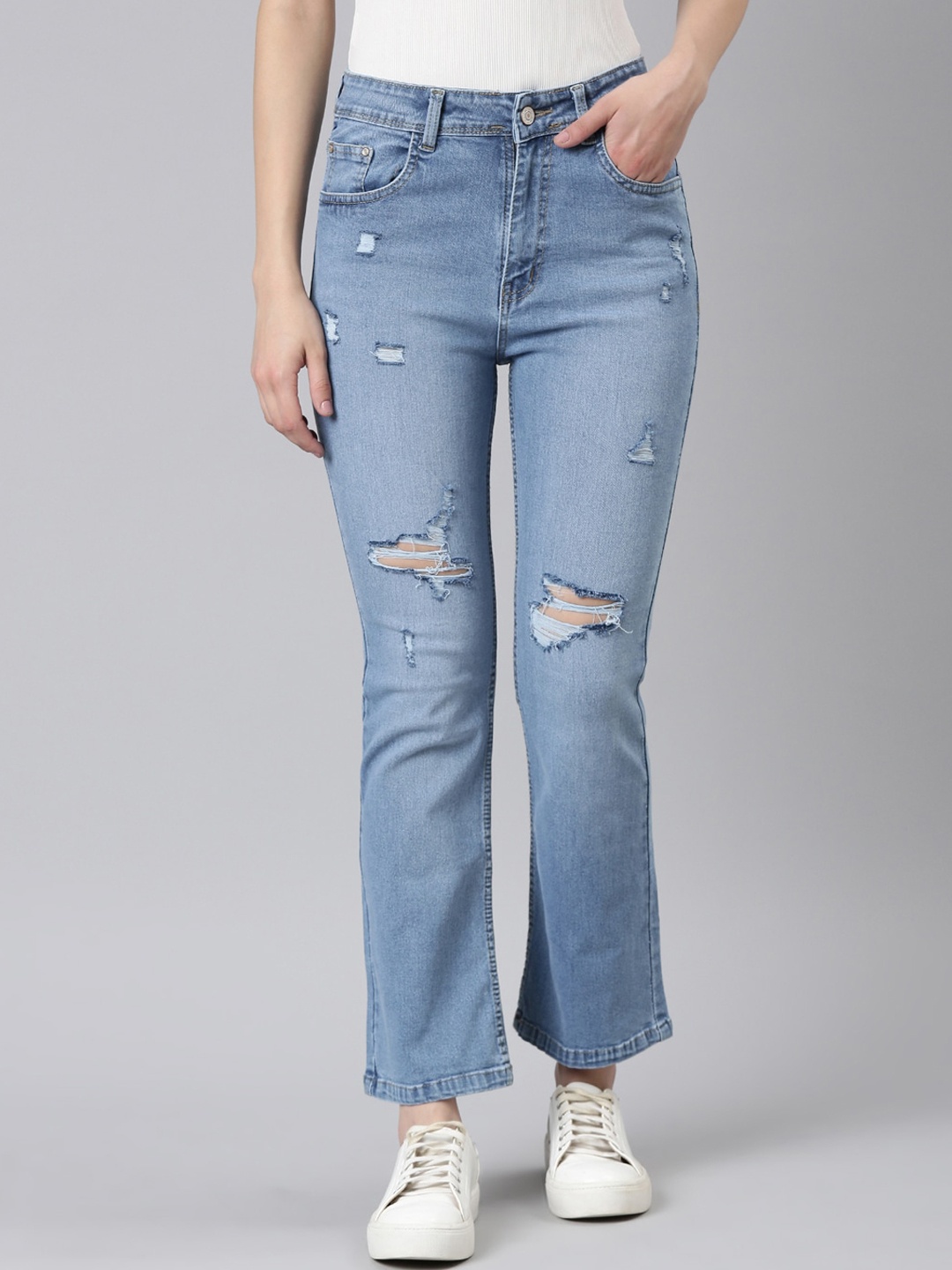 

SHOWOFF Women Mid Rise Jean Flared Mildly Distressed Light Fade Stretchable Jeans, Blue