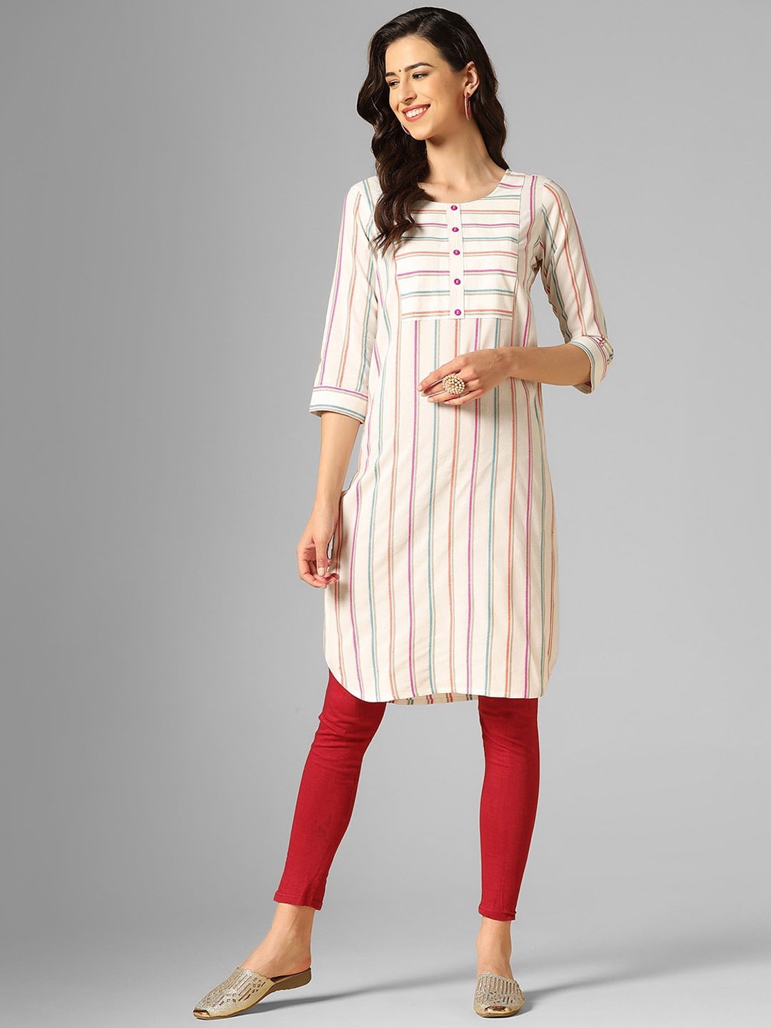 

KALINI Striped Straight Cotton Kurta, White