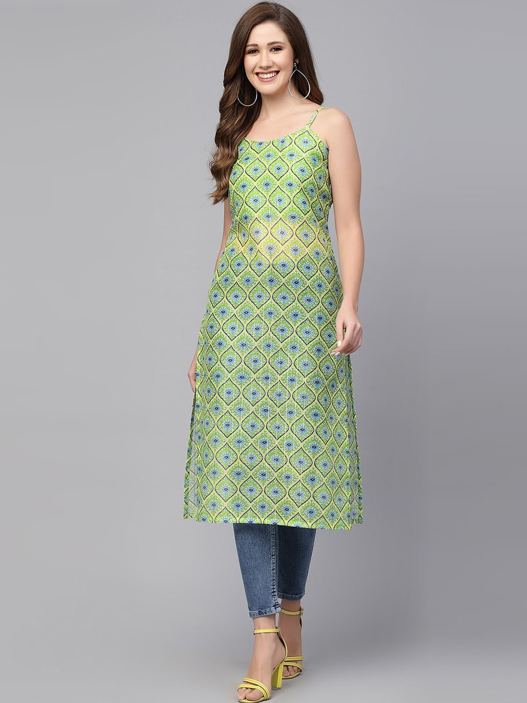 

KALINI Ethnic Motifs Printed Sleeveless Chanderi Silk Straight Kurta, Green