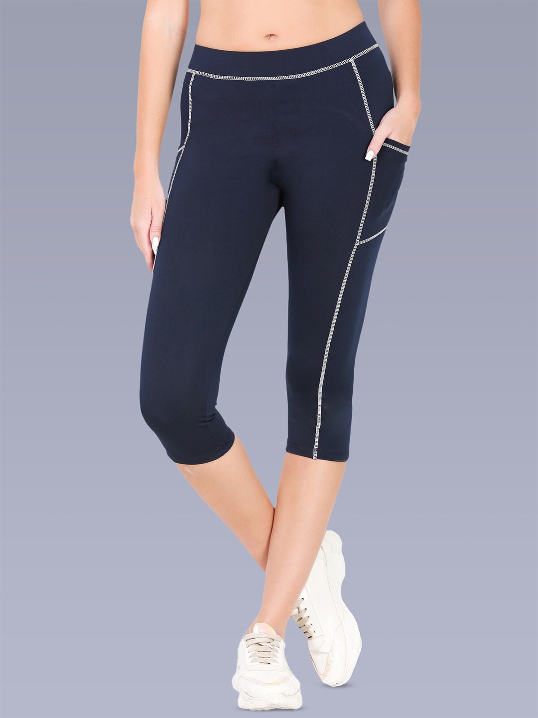 

Fasha Mid-Rise Skinny Fit Sports Capris, Navy blue
