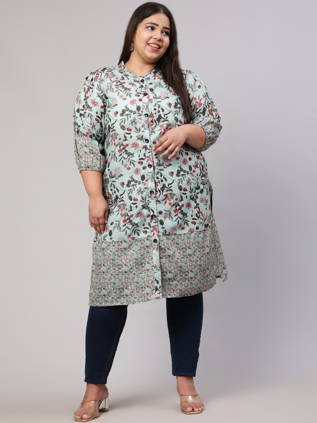 

Jaipur Kurti Green Plus Size Floral Printed Mandarin Collar Kurta