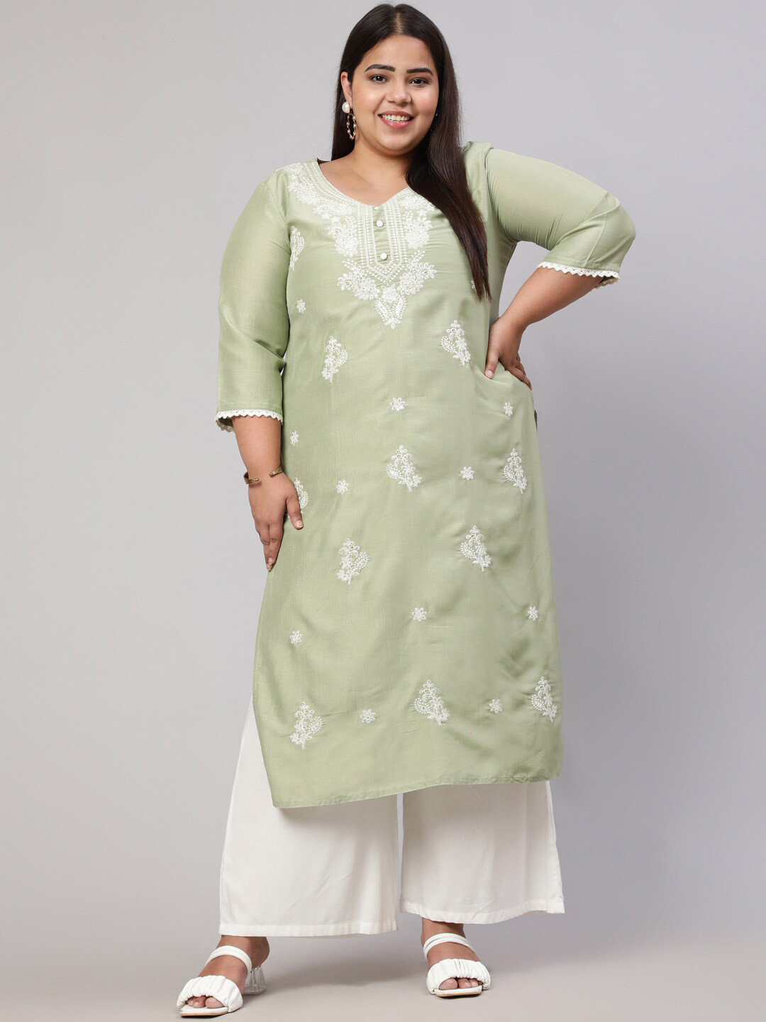 

Jaipur Kurti Green Plus Size Floral Embroidered Kurta