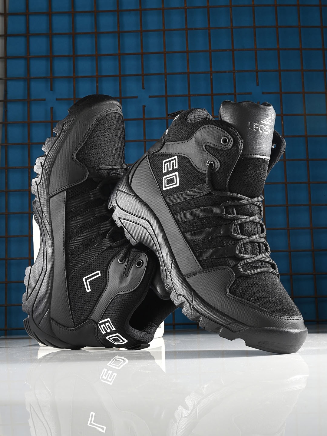 

Leo's Fitness Shoes Men Mid Top Textured Platform Heel Biker Boots, Black