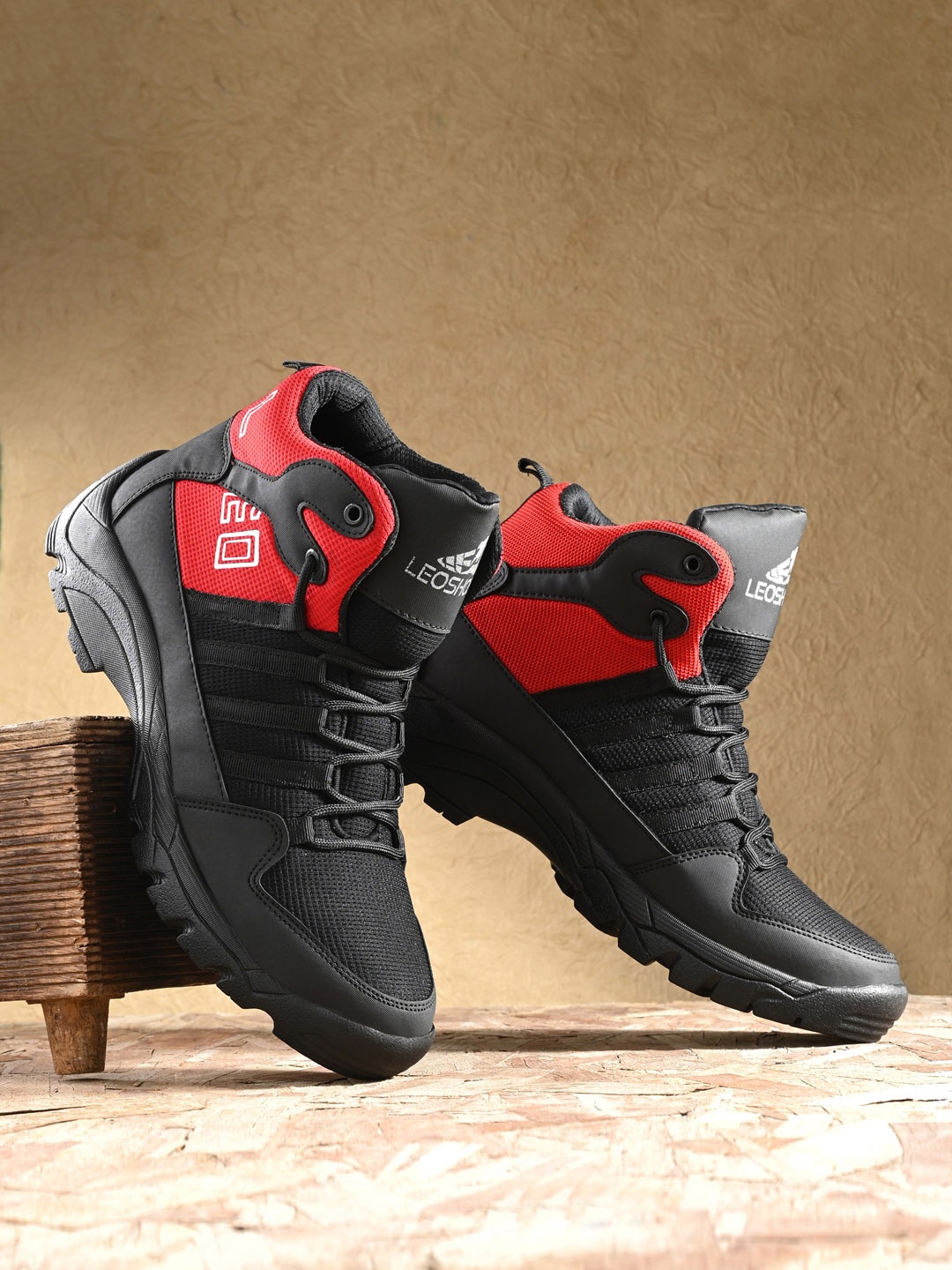 

Leo's Fitness Shoes Men Mid Top Textured Platform Heel Biker Boots, Black