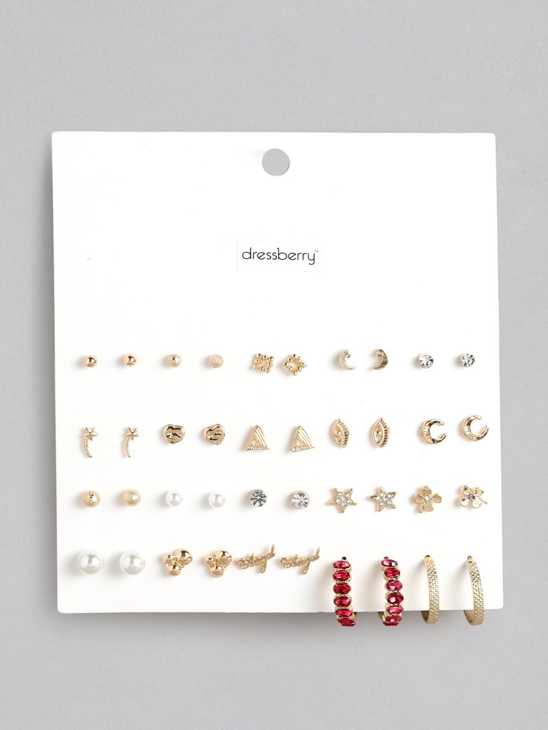 

DressBerry Set of 20 Stone-Studded & Beaded Studs & Half-Hoop Earrings, Gold