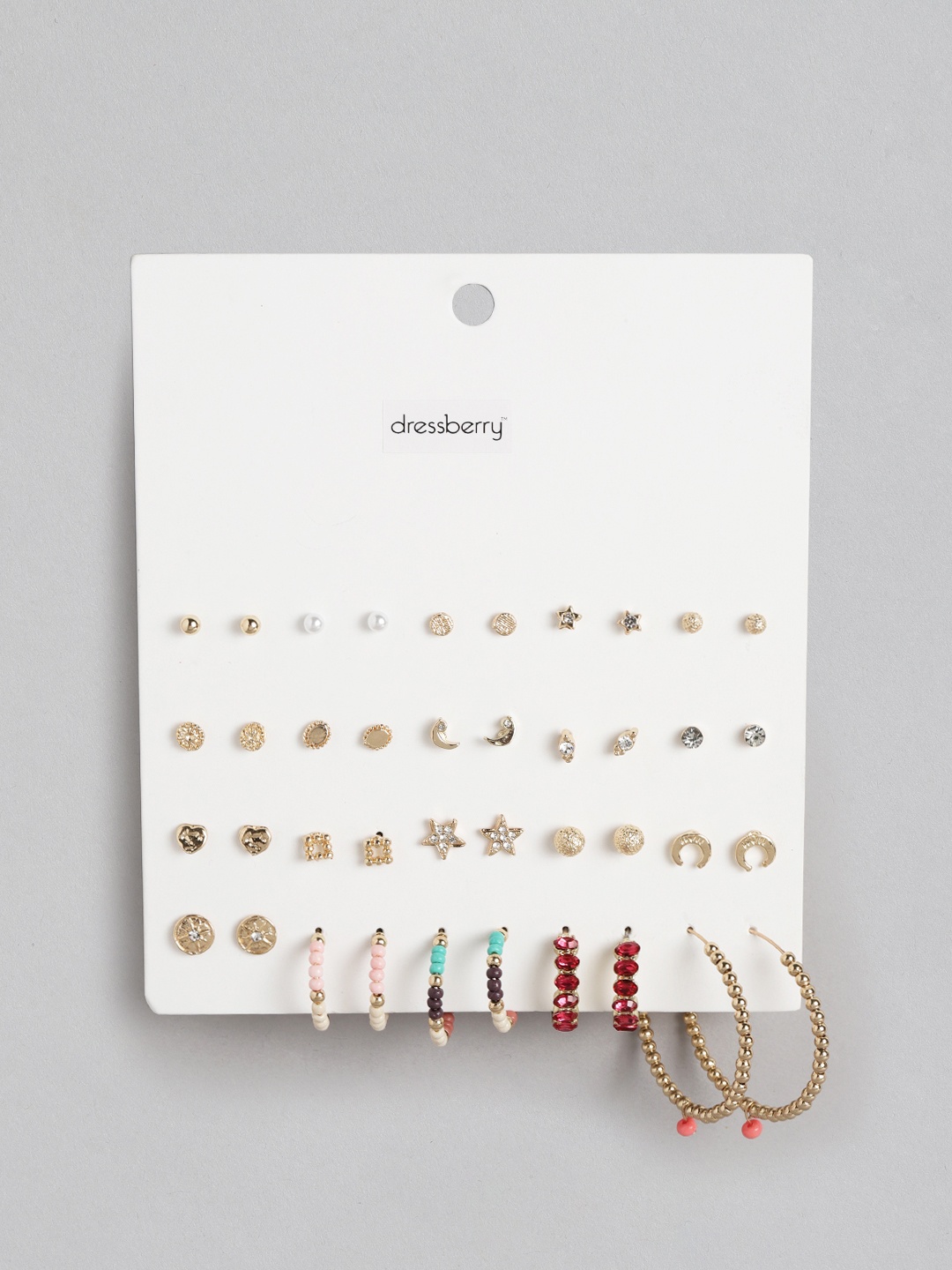 

DressBerry Set of 20 Stone-Studded & Beaded Studs & Hoop Earrings, Multi