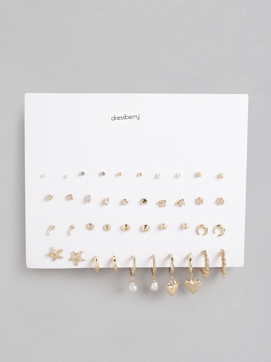 

DressBerry Set of 20 Beaded Quirky Studs & Half-Hoop Earrings, Gold