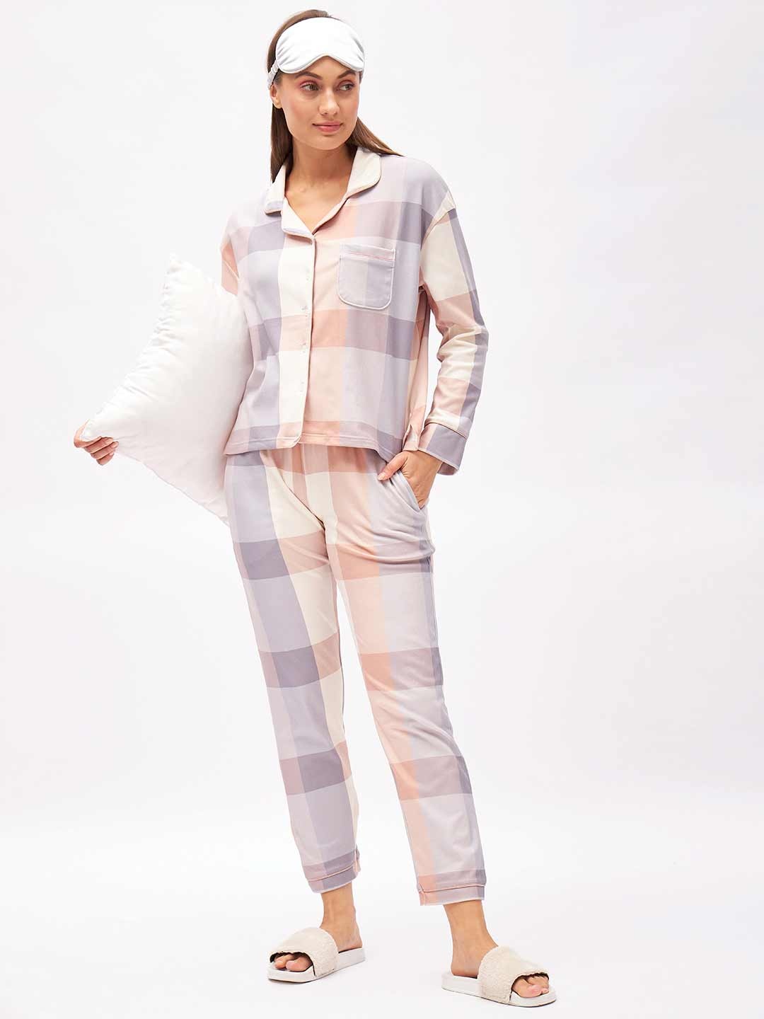 

Sweet Dreams Yellow & Purple Checked Lapel Collar Night Suit